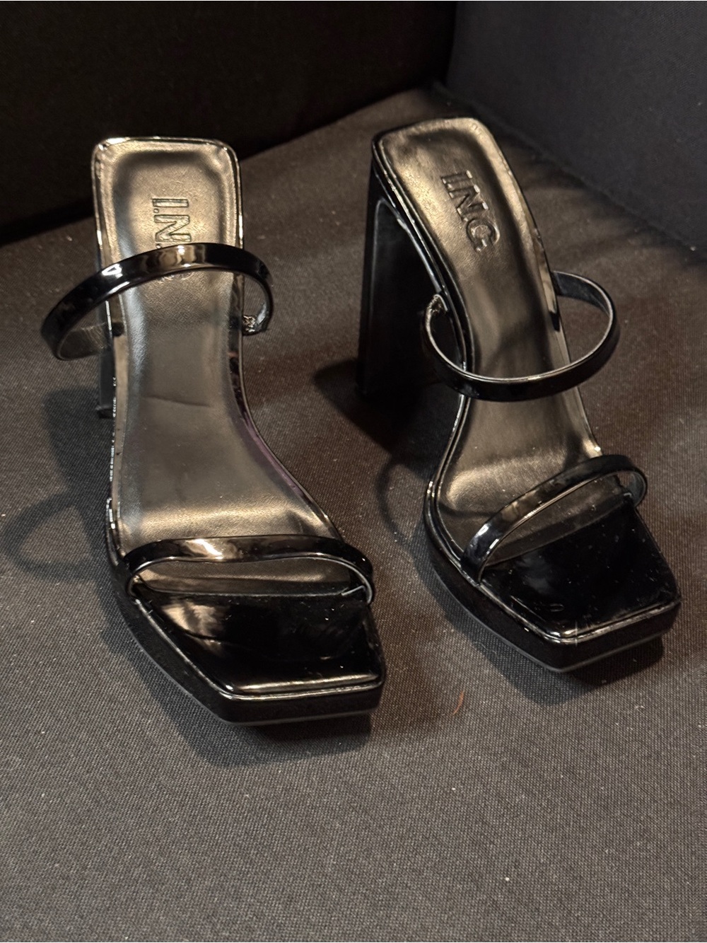 INC International Concepts Black Patent Square-Toe Block Heel Sandals